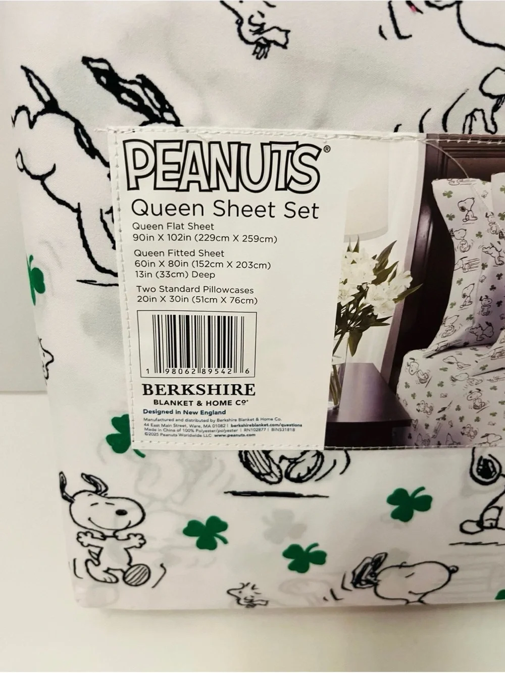 Berkshire Peanuts Queen Size Sheet Set Snoopy Shamrocks Woodstock Green White